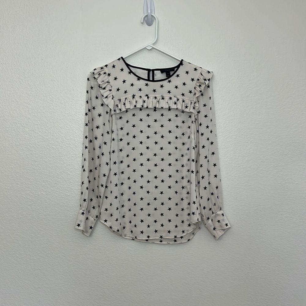 J. Crew Ruffle Silk Top Blouse Star Print Vintage Champagne White Sz 0